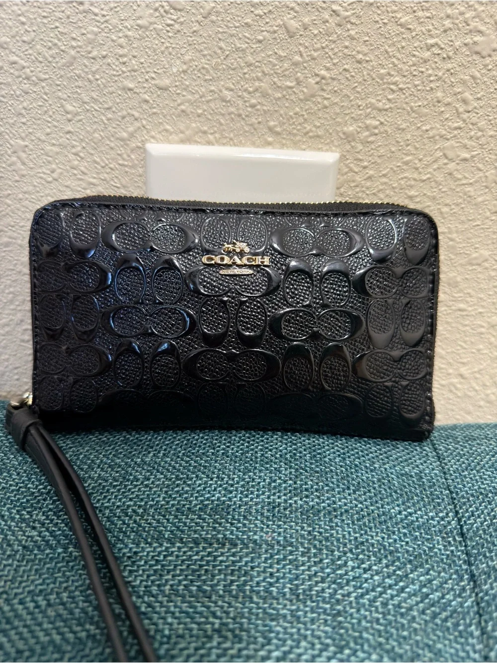 Coach Black Patent Signature Wristlet with Gold Logo
